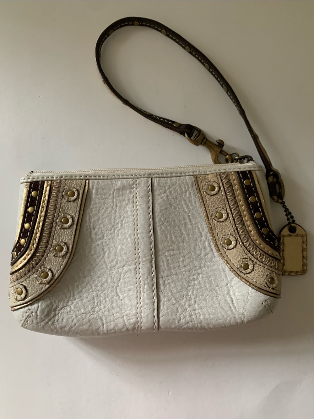 Coach Soho Embroidered Stitch Studded Wristlet, Pebbled White Leather, Gold Stud - Picture 4 of 14